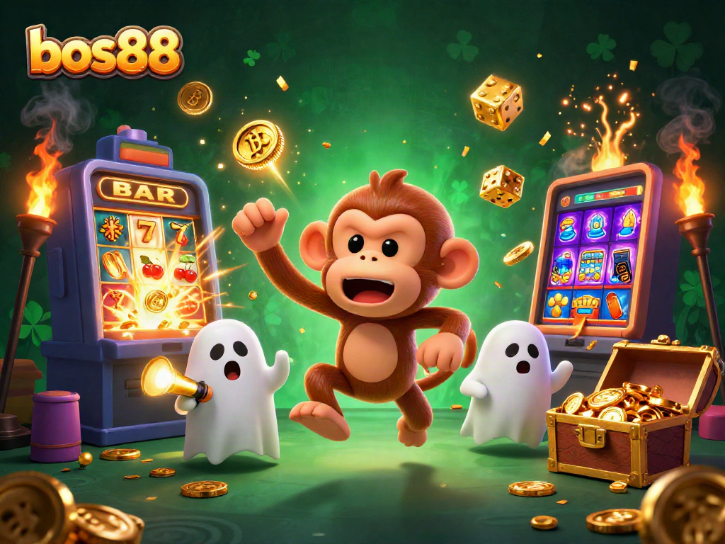 Menangkan jackpot di bos88 dengan slot yang mengagumkan dan hantu lucu dalam ilustrasi kasino.