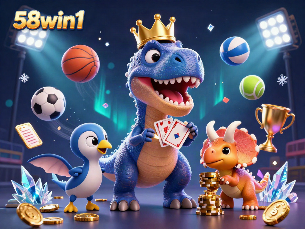 Join the fun at 58win1 with a T-Rex shuffling cards amidst a vibrant casino environment.