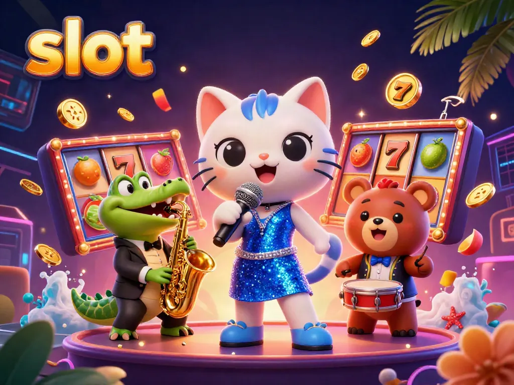 Gambarkan keseruan slot di kasino dengan karakter kucing dan tongkang, mengisi suasana meriah.