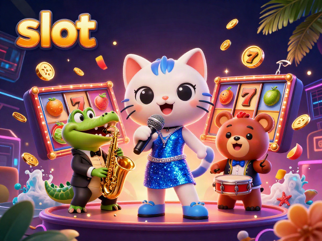 Gambarkan keseruan slot di kasino dengan karakter kucing dan tongkang, mengisi suasana meriah.