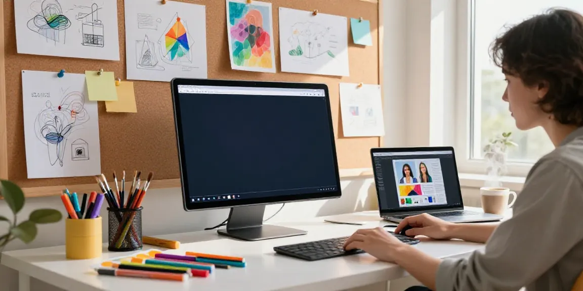 Designer using an AI website image generator in a bright creative workspace.
