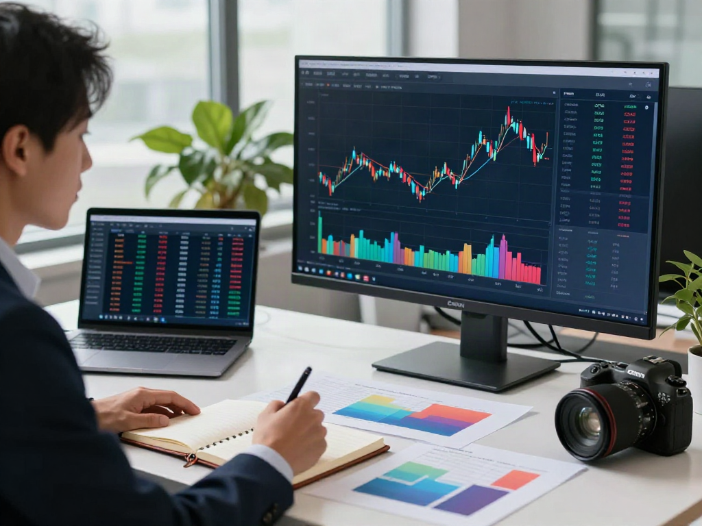 Analyst reviewing financial news on FintechZoom.com in a modern office setting.