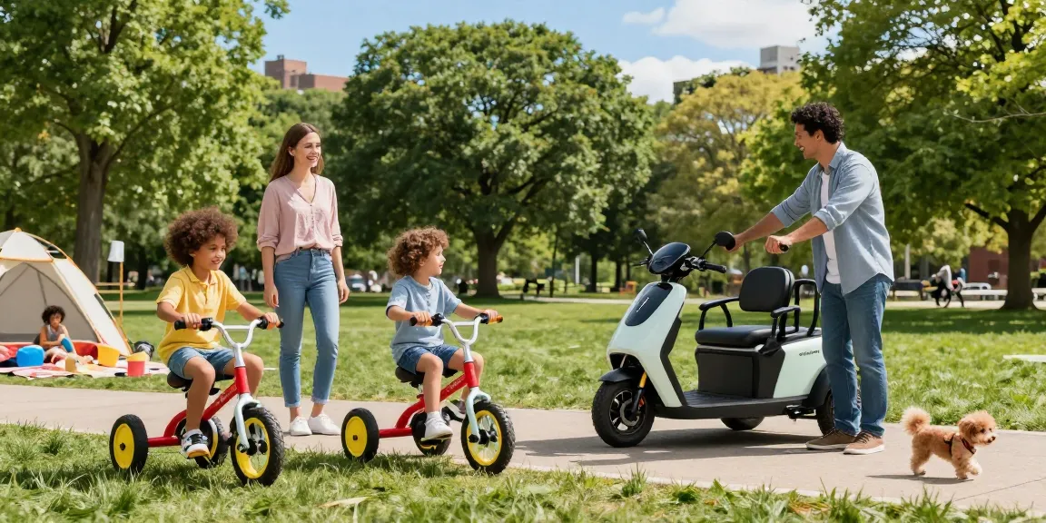 Colorful tricycles for kids and adults in a sunny park setting.