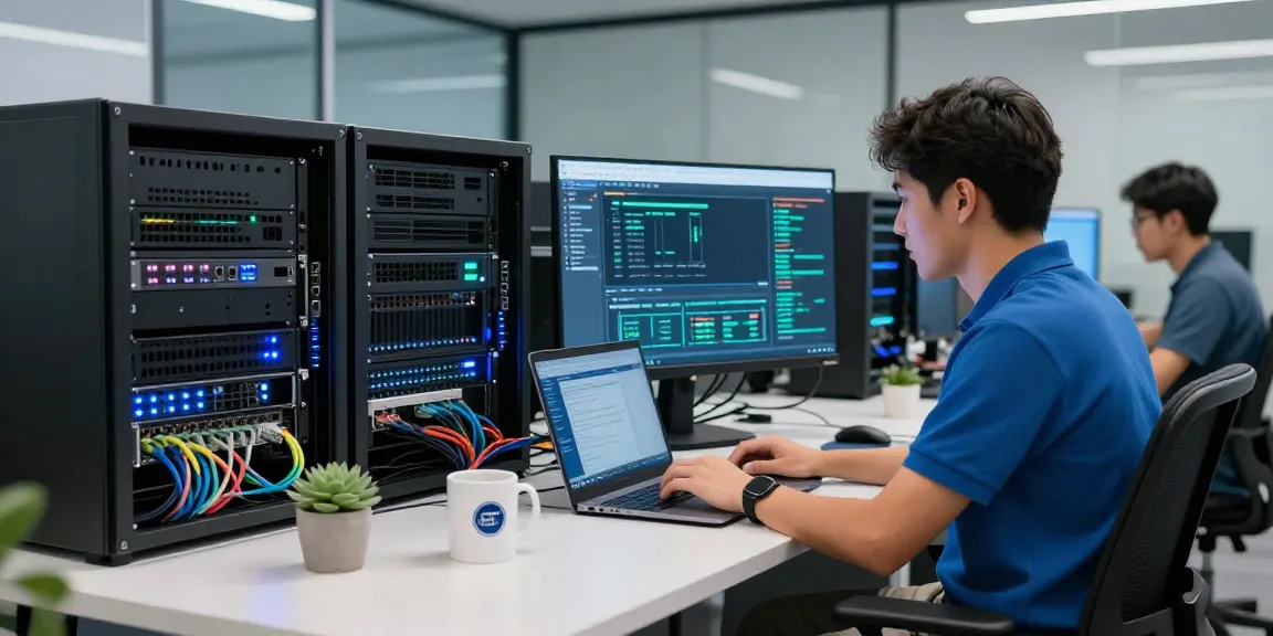 Teknisi TI mengelola hypervisor di pusat data modern dengan banyak server dan layar performa