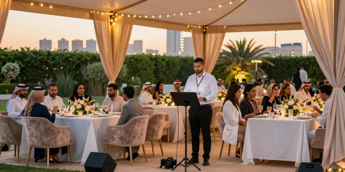 Event rentals showcasing elegant outdoor setup for a sunset event in Saudi Arabia.
