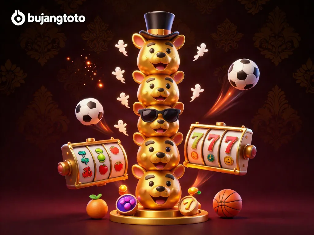 Bujangtoto showcases a vibrant 3D illustration of a colorful casino scene featuring dynamic totem and game elements.