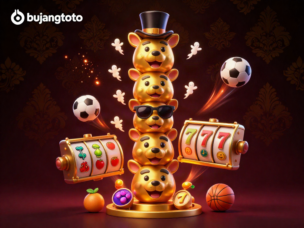 Bujangtoto showcases a vibrant 3D illustration of a colorful casino scene featuring dynamic totem and game elements.