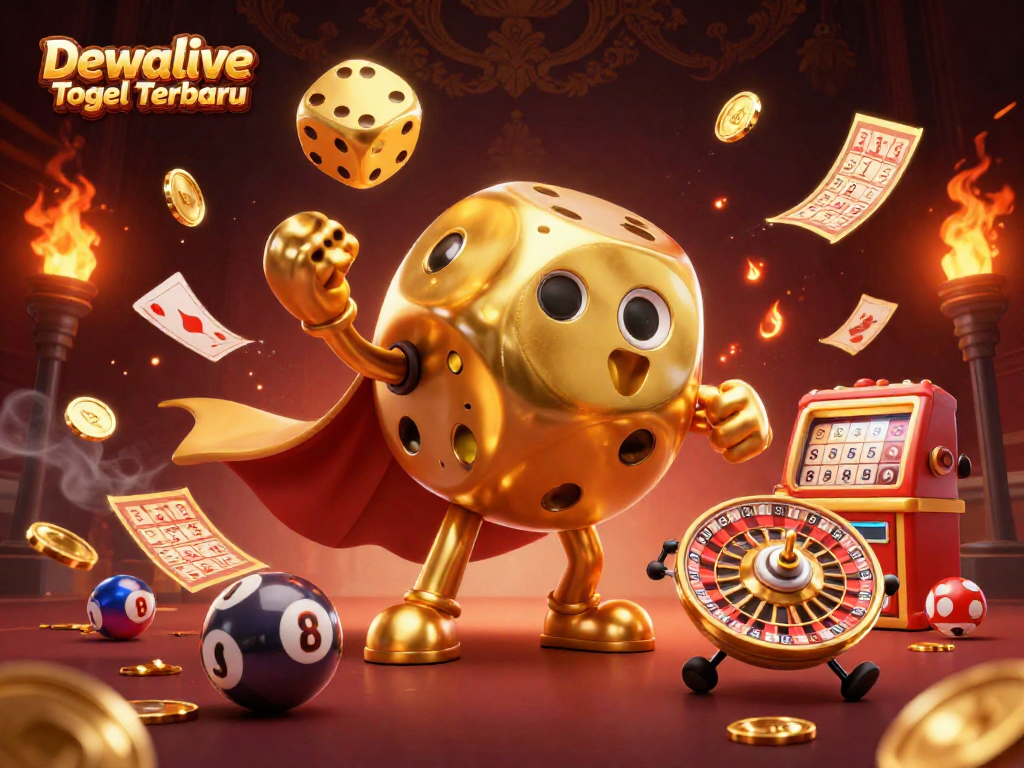 Dewalive Togel Terbaru showcases a dynamic lottery scene with vivid illustrations of golden dice and lottery elements.