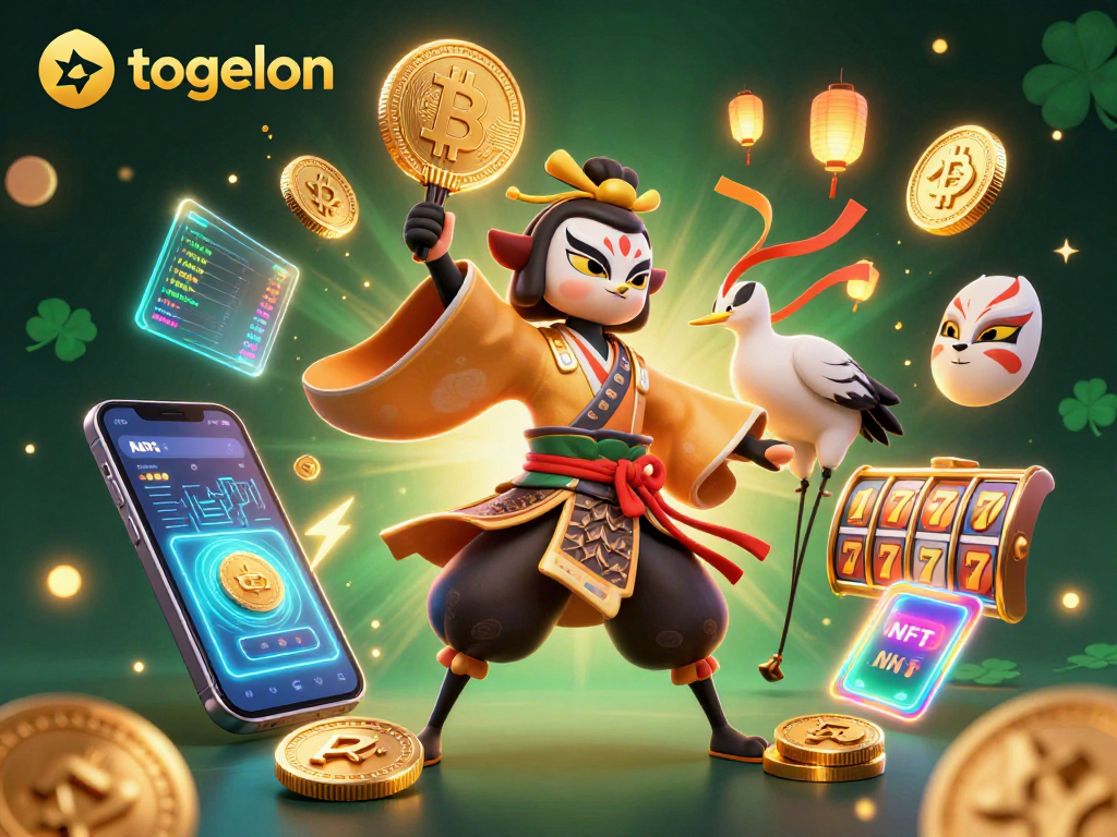 Experience the thrill of togelon with a kabuki warrior and crypto-themed 3D illustration.