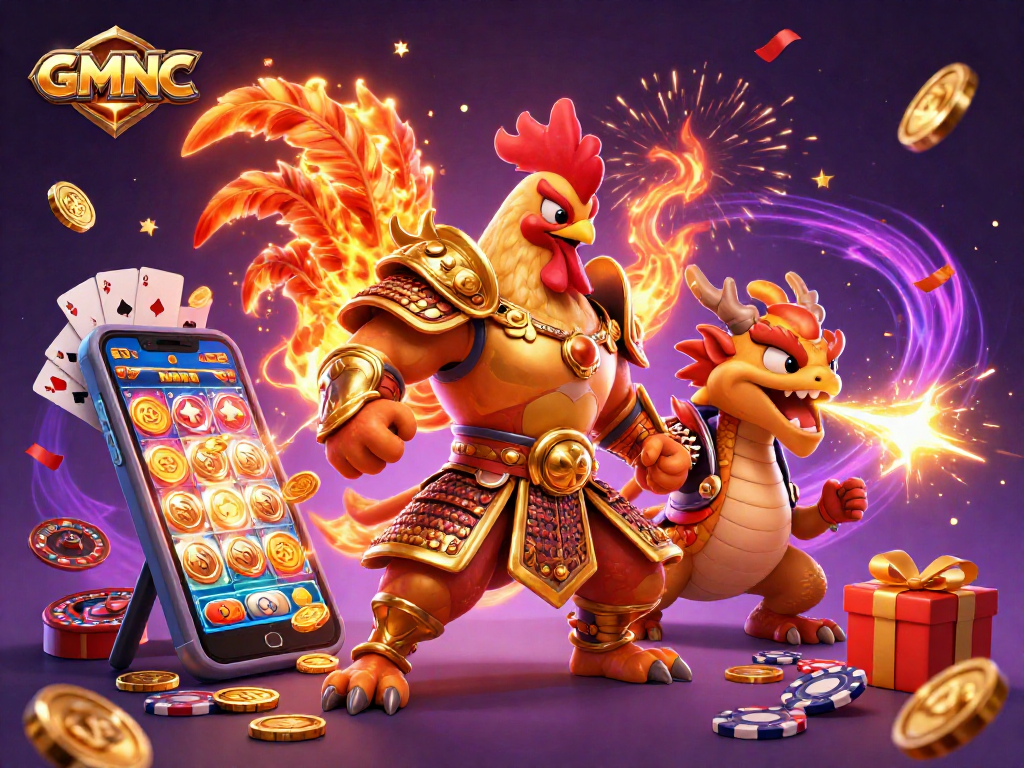 Celebrate your wins with GMNC’s thrilling gaming adventures with a rooster warrior and dragon!
