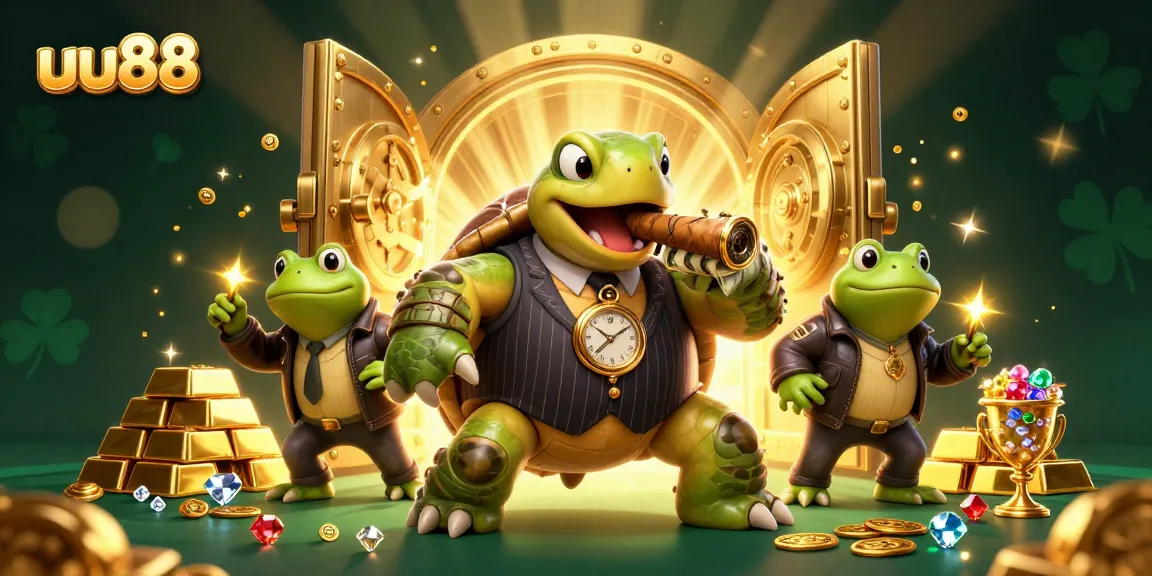 Experience uu88's world with a turtle and bullfrogs bringing casino thrills to life in this vibrant scene.