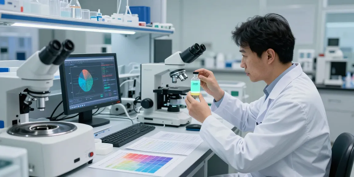 Scientist analyzing glow70 peptide in a high-tech research lab.