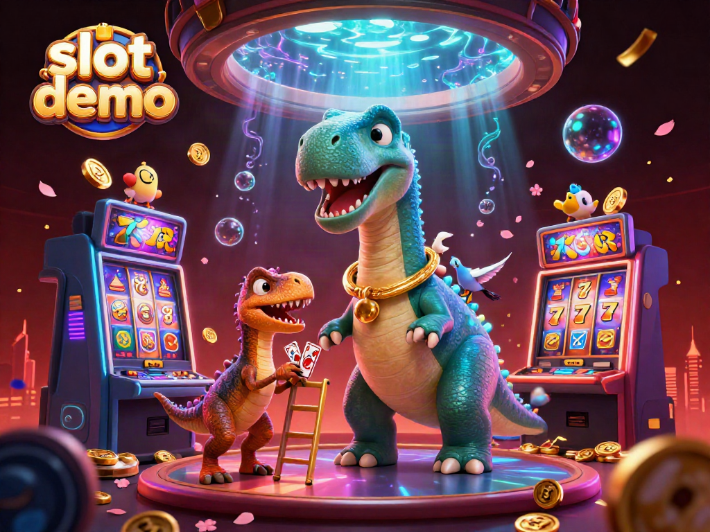 Slot demo illustration displaying a brontosaurus and raptor in a lively casino scene.