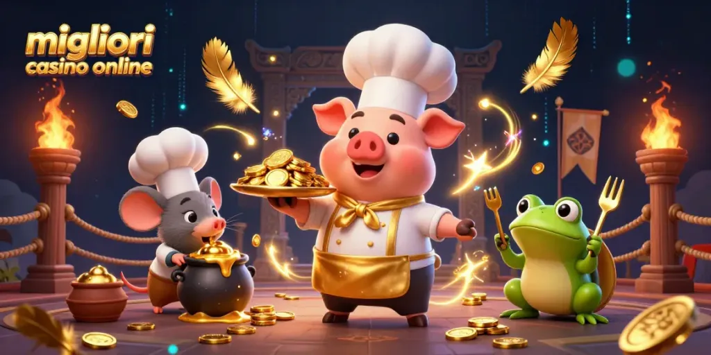 Visualizza i migliori casino online mentre un maiale chef serve monete d'oro in un'illustrazione vivace.
