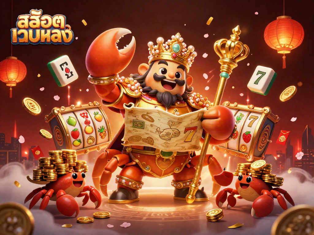 Play สล็อตเว็บตรง with exciting themes, featuring a golden crab emperor and dynamic game elements.