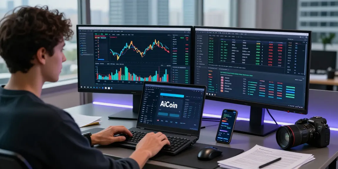 AiCoin用户在现代办公室使用笔记本电脑进行加密货币交易的场景