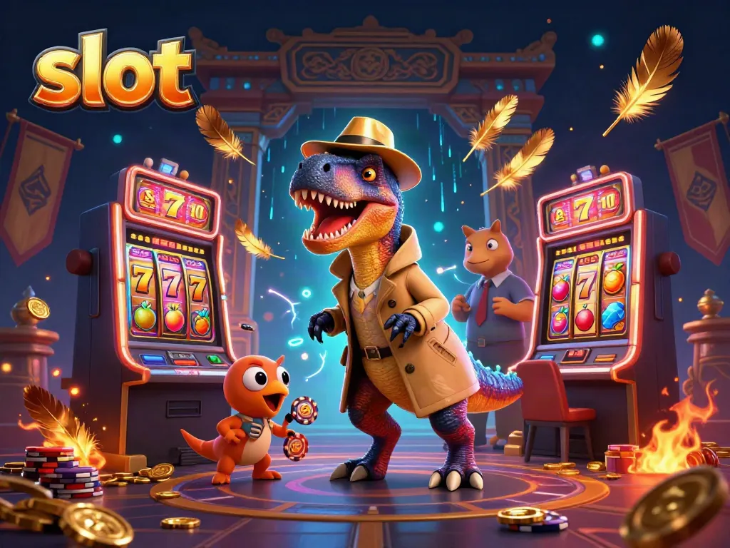 Slot dengan karakter animasi dinosaurus di mesin perjudian yang penuh warna.