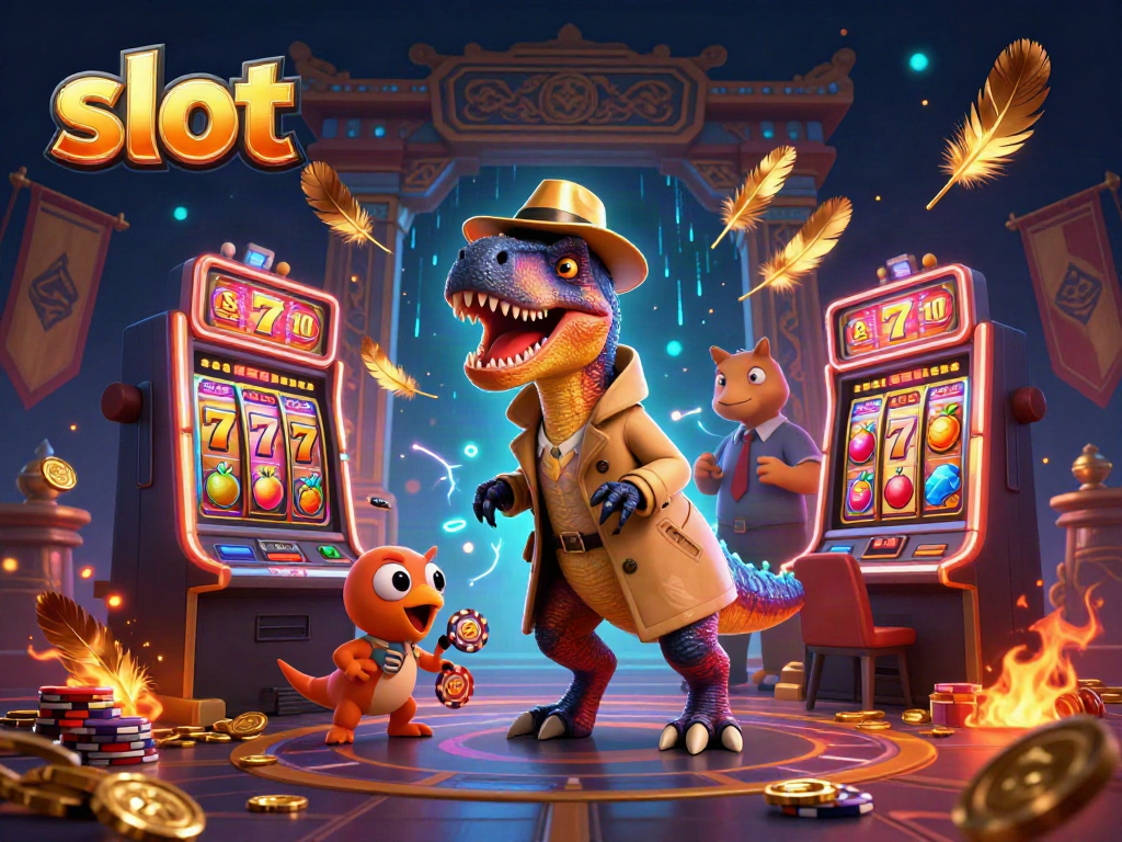 Slot dengan karakter animasi dinosaurus di mesin perjudian yang penuh warna.