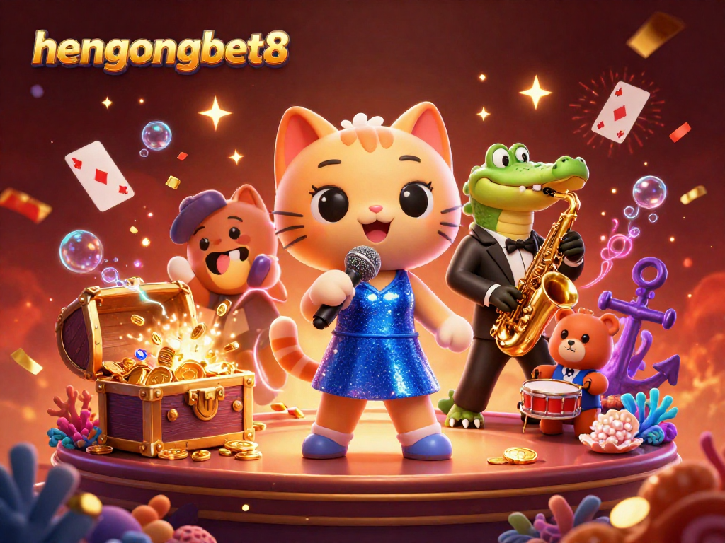 Experience the excitement at hengongbet8 with a lively 3D illustration of casino characters performing on stage.