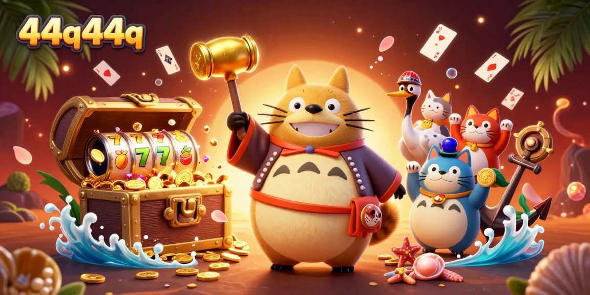 Engage with the exciting world of 44q44q as cartoon characters celebrate with slot games, treasure chests, and fortune cats.