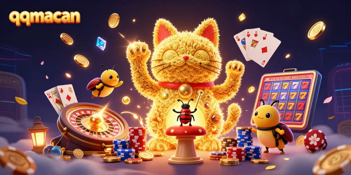 qqmacan showcases a dynamic casino artwork with a giant lucky cat and swirling coins.