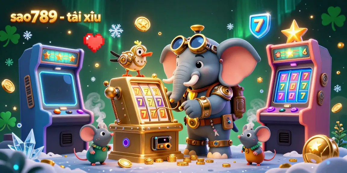Spin the golden slot machine with the steampunk elephant engineer in this vibrant sao789 - tài xỉu illustration.