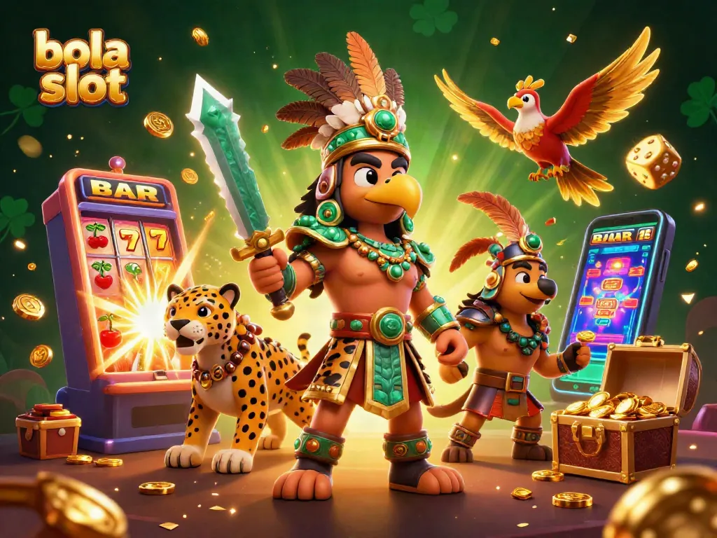 Experience the thrill of bola slot in this vibrant 3D casino scene featuring majestic warriors and jackpots.