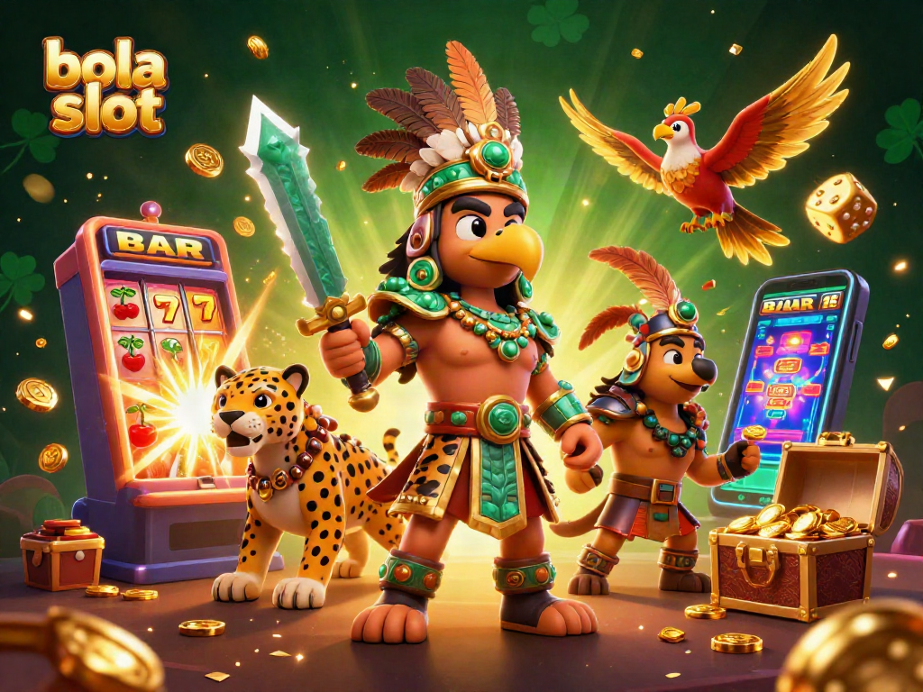 Experience the thrill of bola slot in this vibrant 3D casino scene featuring majestic warriors and jackpots.