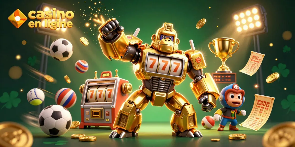 Illustration d'un gorille doré robotique en tant que casino en ligne, avec des éléments de paris sportifs et des jeux.