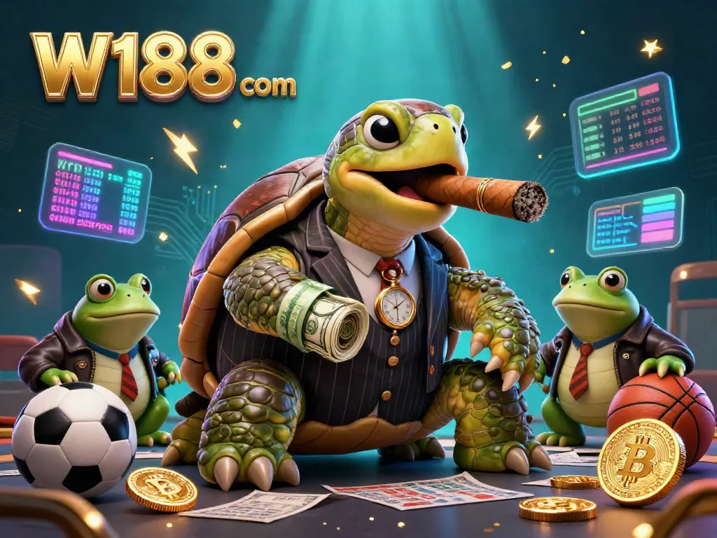 Engage with W188 com in a thrilling sports betting scene featuring a turtle mobster and bullfrog enforcers.