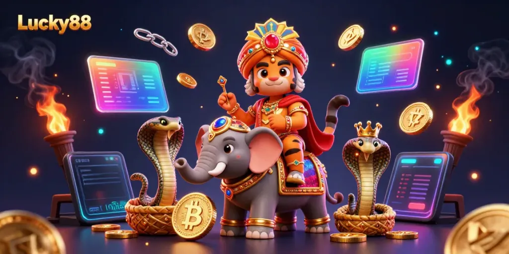Experience the Lucky88 casino adventure with a dynamic scene featuring a maharaja tiger, elephant, and crypto coins.