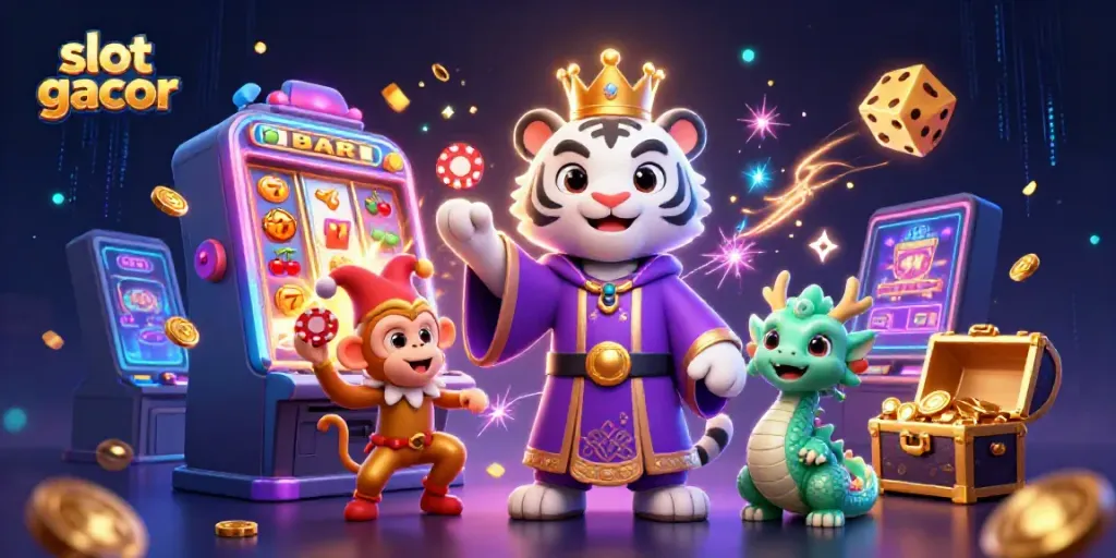 Experience the thrill of slot gacor with vibrant characters and casino elements exploding in gold.