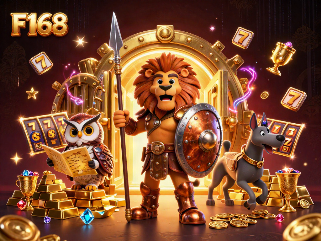 Experience F168's thrilling slot adventure with heroes guarding golden treasures, showcasing exciting gaming elements.
