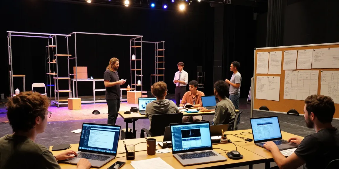 Collaborative theatre professionals using theatre tools in a vibrant rehearsal space.