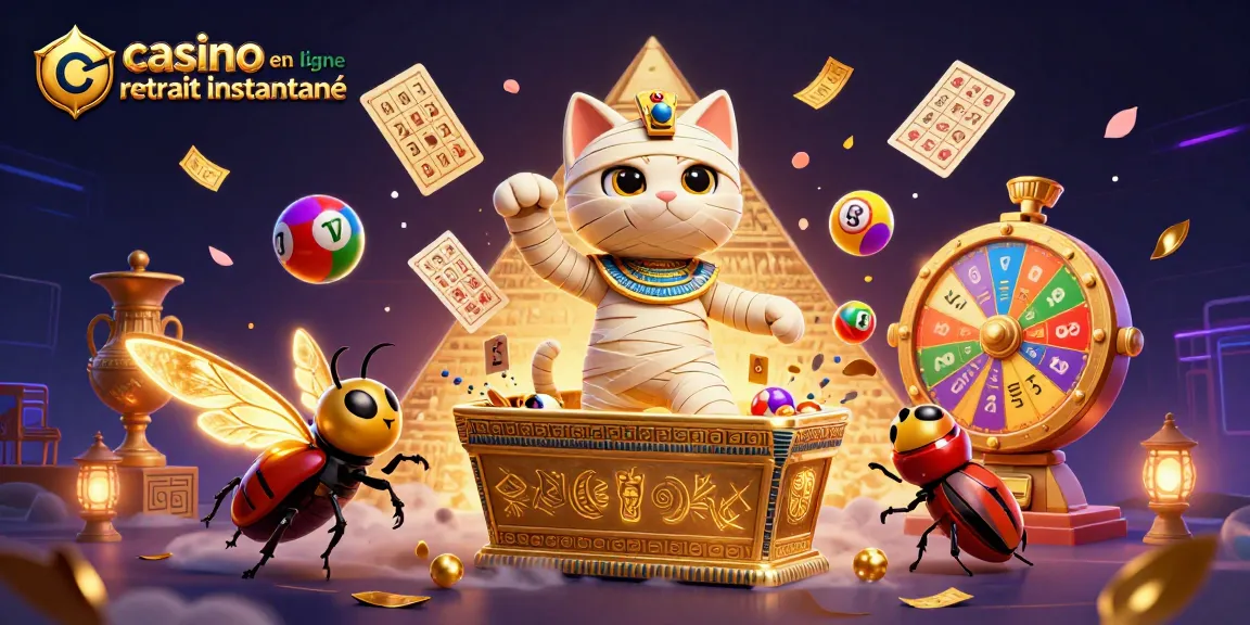 Casino en ligne retrait instantané : le chat momie égyptien s'échappe d'un sarcophage doré dans un casino pyramidal.