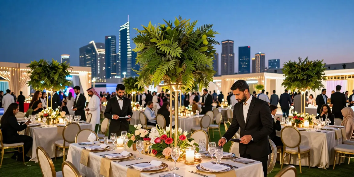 Event rentals setup for a luxurious gala in Saudi Arabia, showcasing elegant tables and décor against a city skyline.