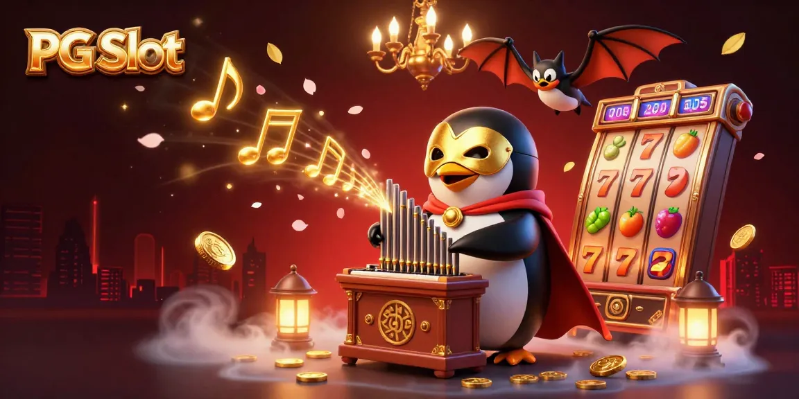 Gambarkan PG Slot dengan penguin dalam topeng bermain organ pipanya, dikelilingi elemen slot dan koin emas.