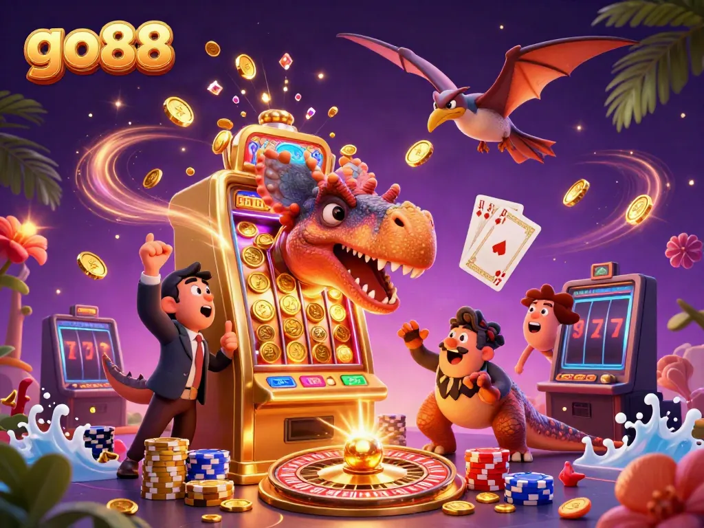 Experience the thrill of go88 with a vibrant casino adventure featuring dynamic cartoon dinosaurs and slot machines.