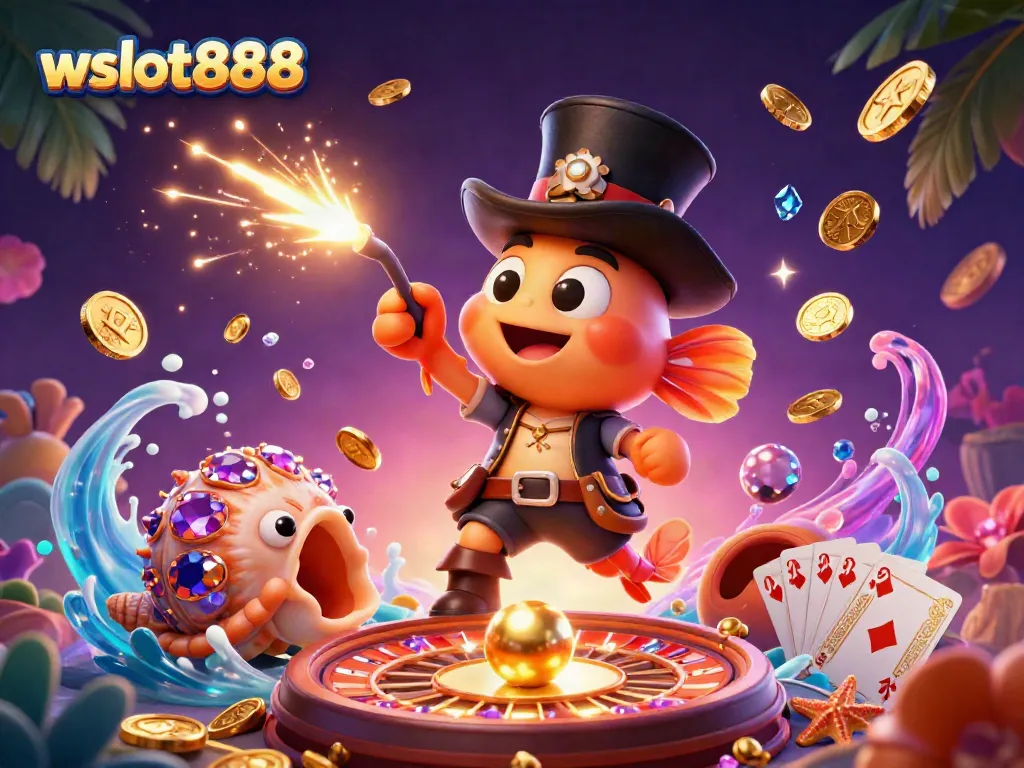 Menangkan jackpot dengan wslot888 yang dikelilingi koin emas dan karakter laut berwarna cerah.