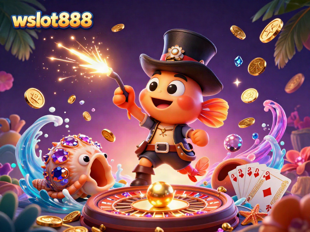 Menangkan jackpot dengan wslot888 yang dikelilingi koin emas dan karakter laut berwarna cerah.