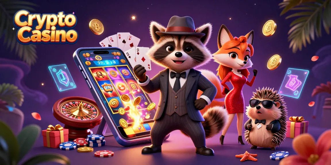 Experience excitement at a Crypto Casino with a 3D raccoon, fox, and hedgehog illustration.