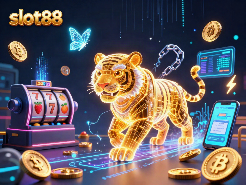 Engage with slot88 in an electrifying digital casino scene featuring vibrant characters and symbols.