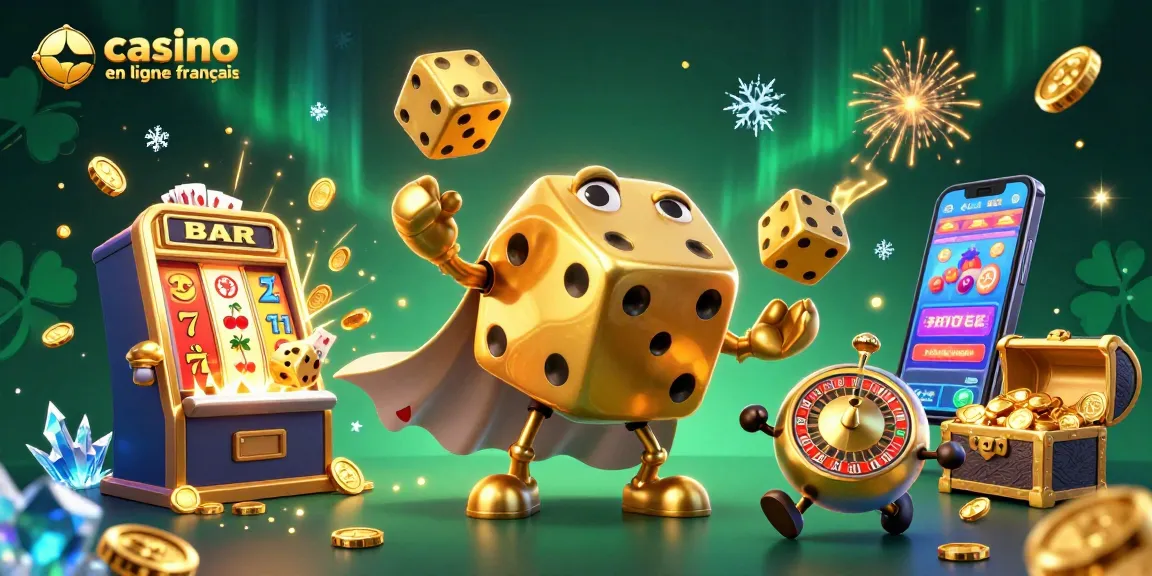 Jouer au casino en ligne français avec des dés dorés dans une scène animée et riche.