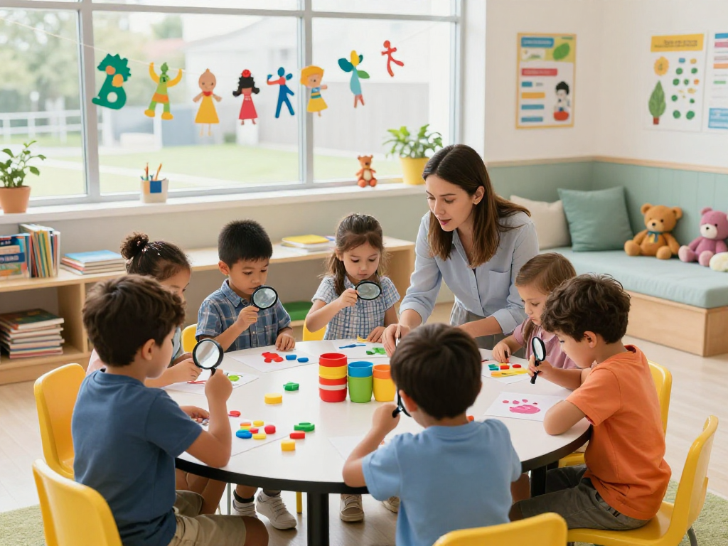 Engaging scene of children learning at an international kindergarten Singapore with inquiry-based activities and multicultural elements.