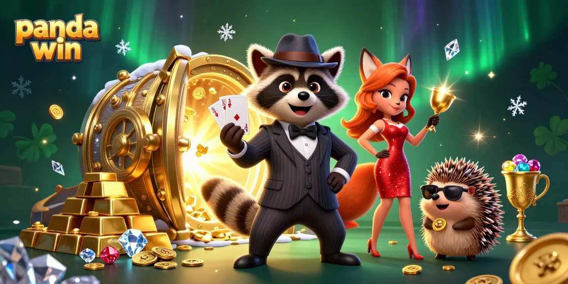 Panda win features a raccoon, fox, and hedgehog celebrating near gold treasures in a vibrant casino scene.