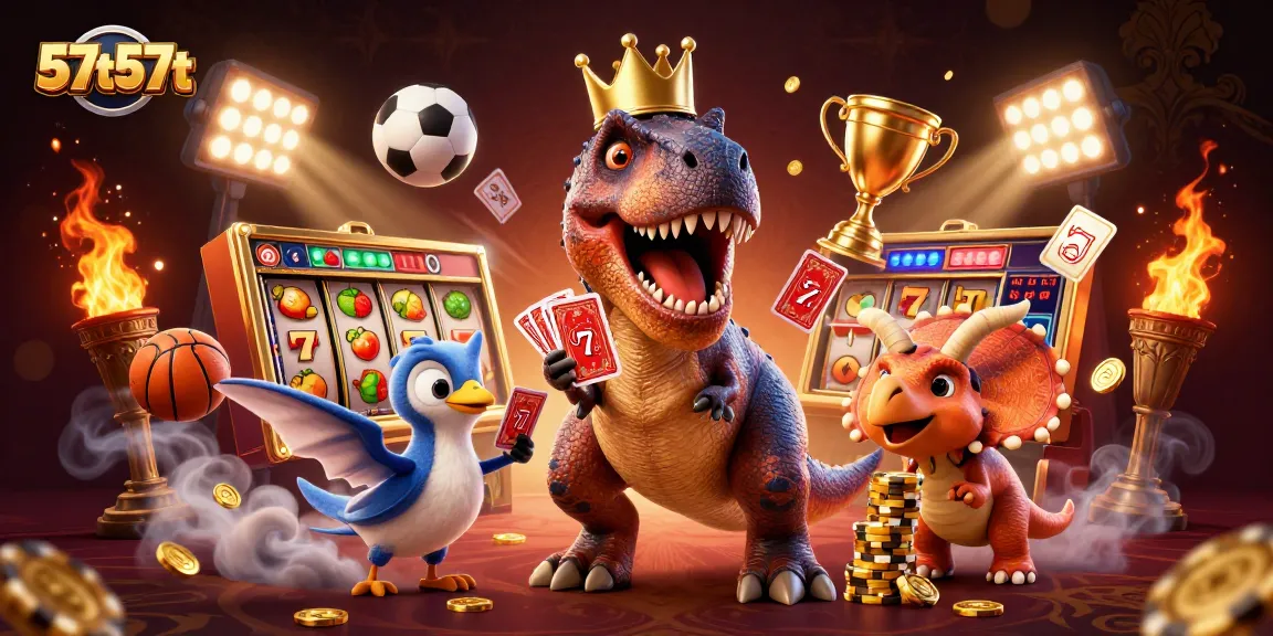 57t57t brings the thrill of slots with a T-Rex shuffling cards and stacking chips.