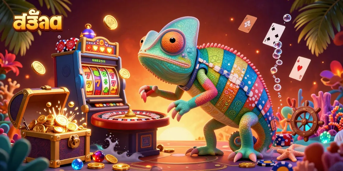 Spin the สล็อต reels and watch the vibrant chameleon casino owner amidst a treasure-filled scene.
