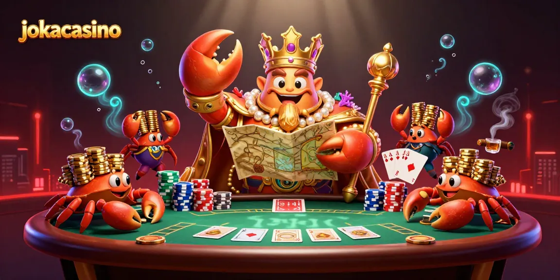 Join the fun at jokacasino with a regal crab emperor overseeing a vibrant poker scene.