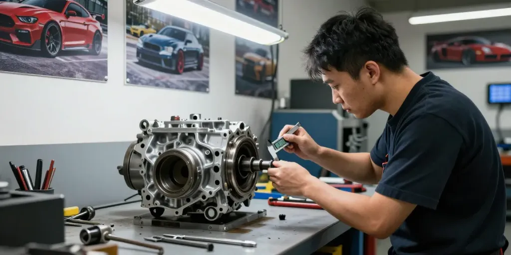 Mechanic inspecting a CD009 transmission in a bright workshop environment.