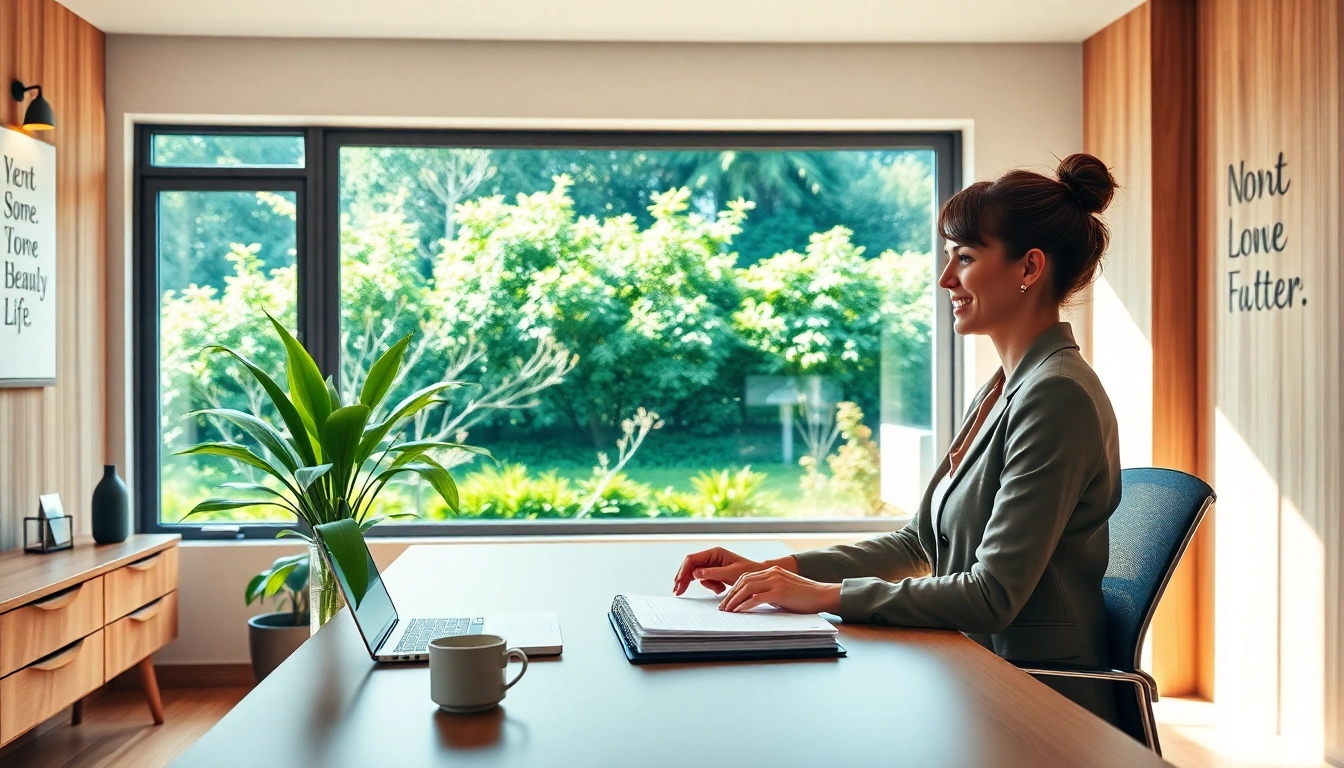 Inspiring scene of a woman achieving Your Most Productive Life in a well-organized home office.